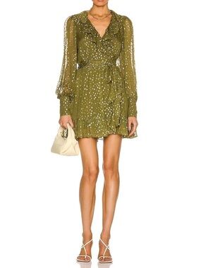 Zimmermann Ruffle Long Sleeve Silk Fil Coupé Wrap Minidress Green Gold Sz 1